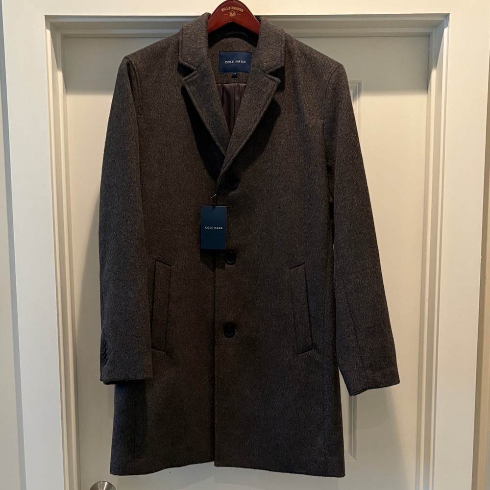 Cole Haan Men's Dark Heather Grey Wool Overcoat size L NWT